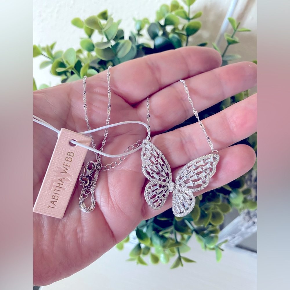 Tabitha Webb large Butterfly Necklace Sterling Silver w/ Cubic Zirconia New